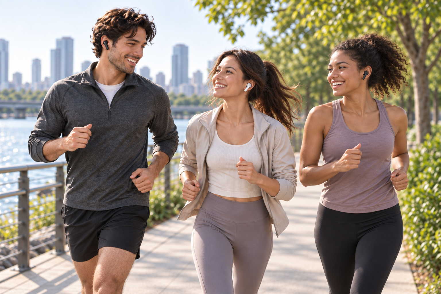 Three friends running together while each person wears compatible wireless earbuds
