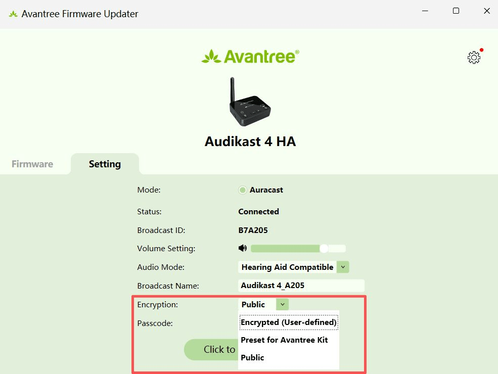Setting screen with the Audikast 4HA Encryption menu highlighted.