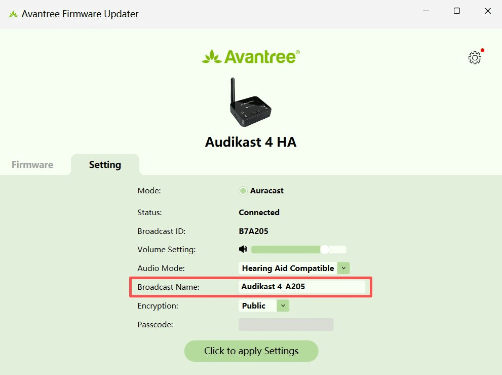 Setting screen with the Audikast 4HA Broadcast Name field highlighted.