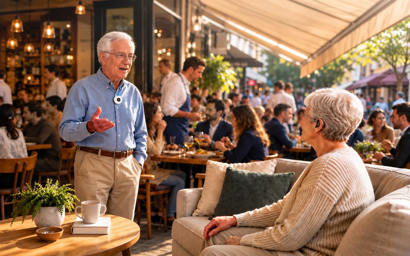 Person using hearing aids to follow a conversation in a noisy restaurant