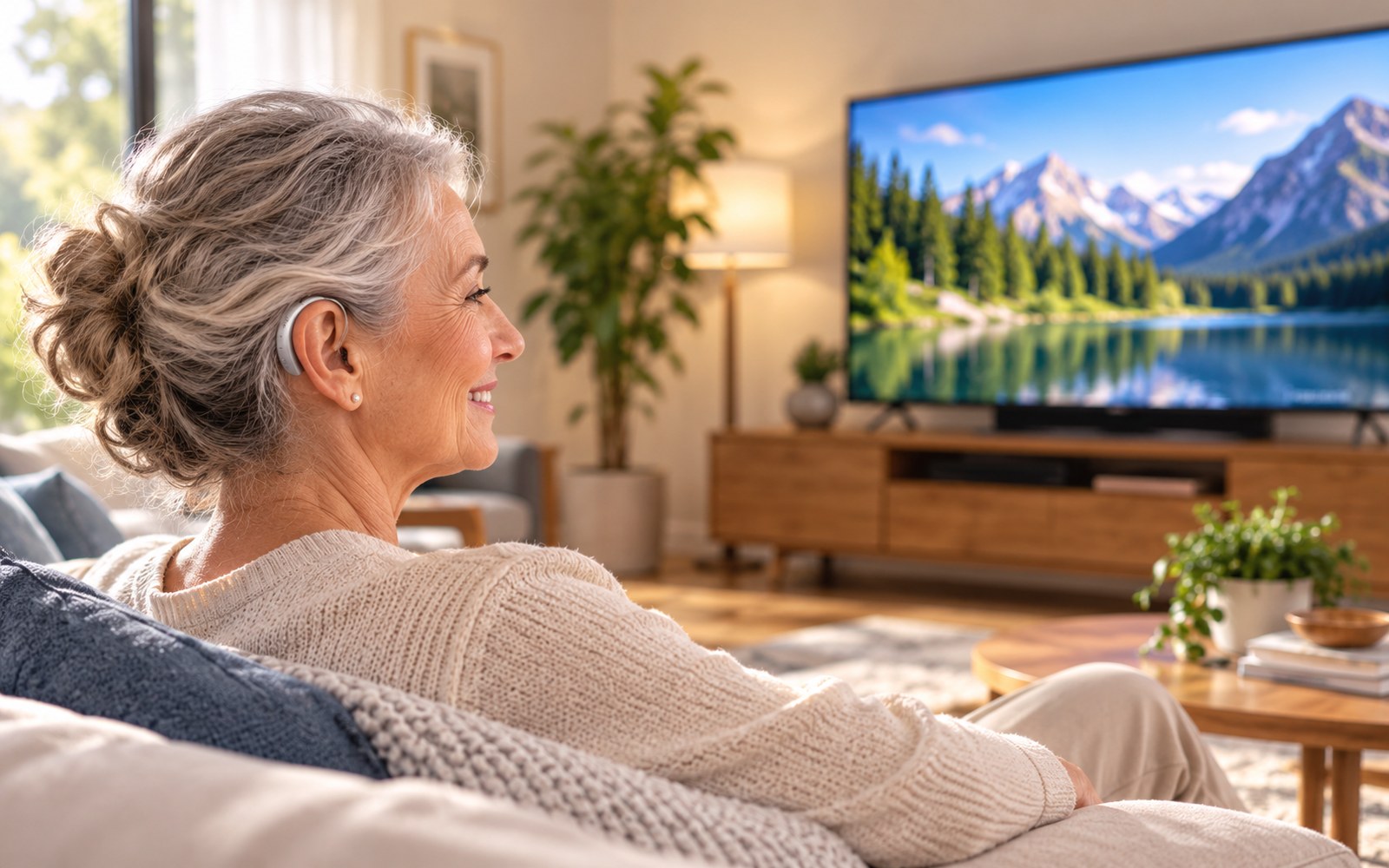 Person using Auracast-compatible hearing aids with TV audio