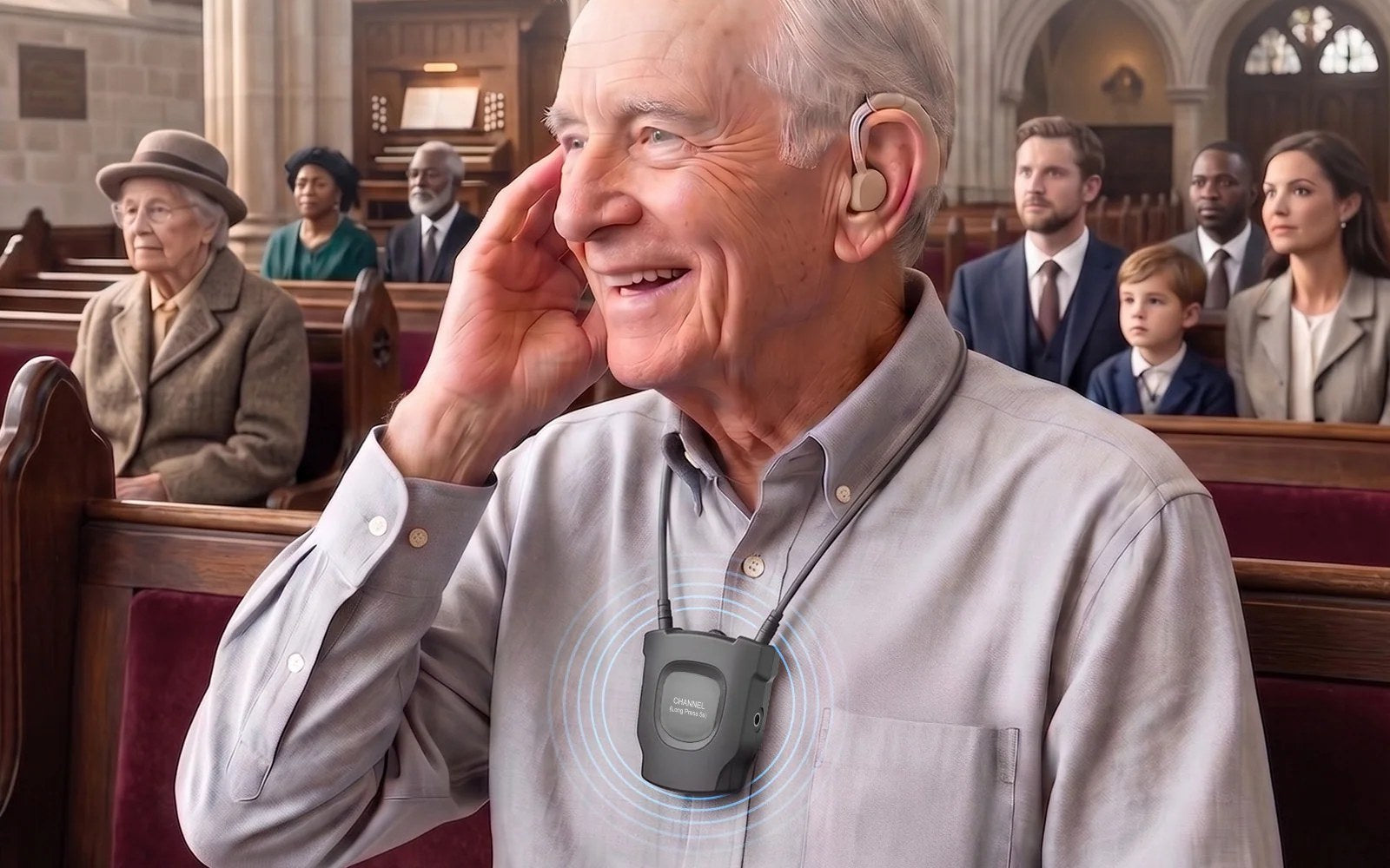 Person using a neckloop receiver with telecoil hearing aids in a public venue