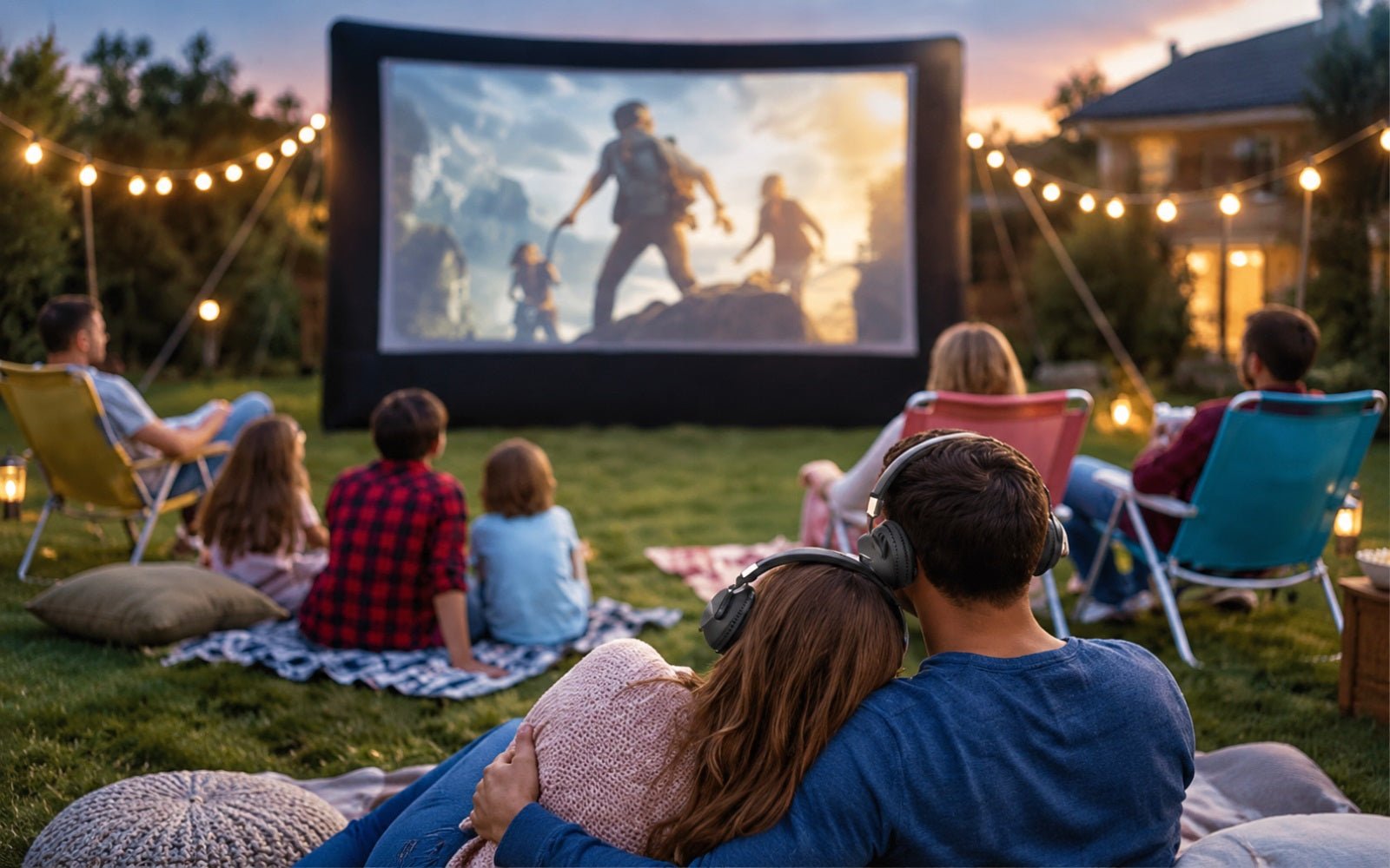 Group watching an outdoor movie while sharing headphone audio