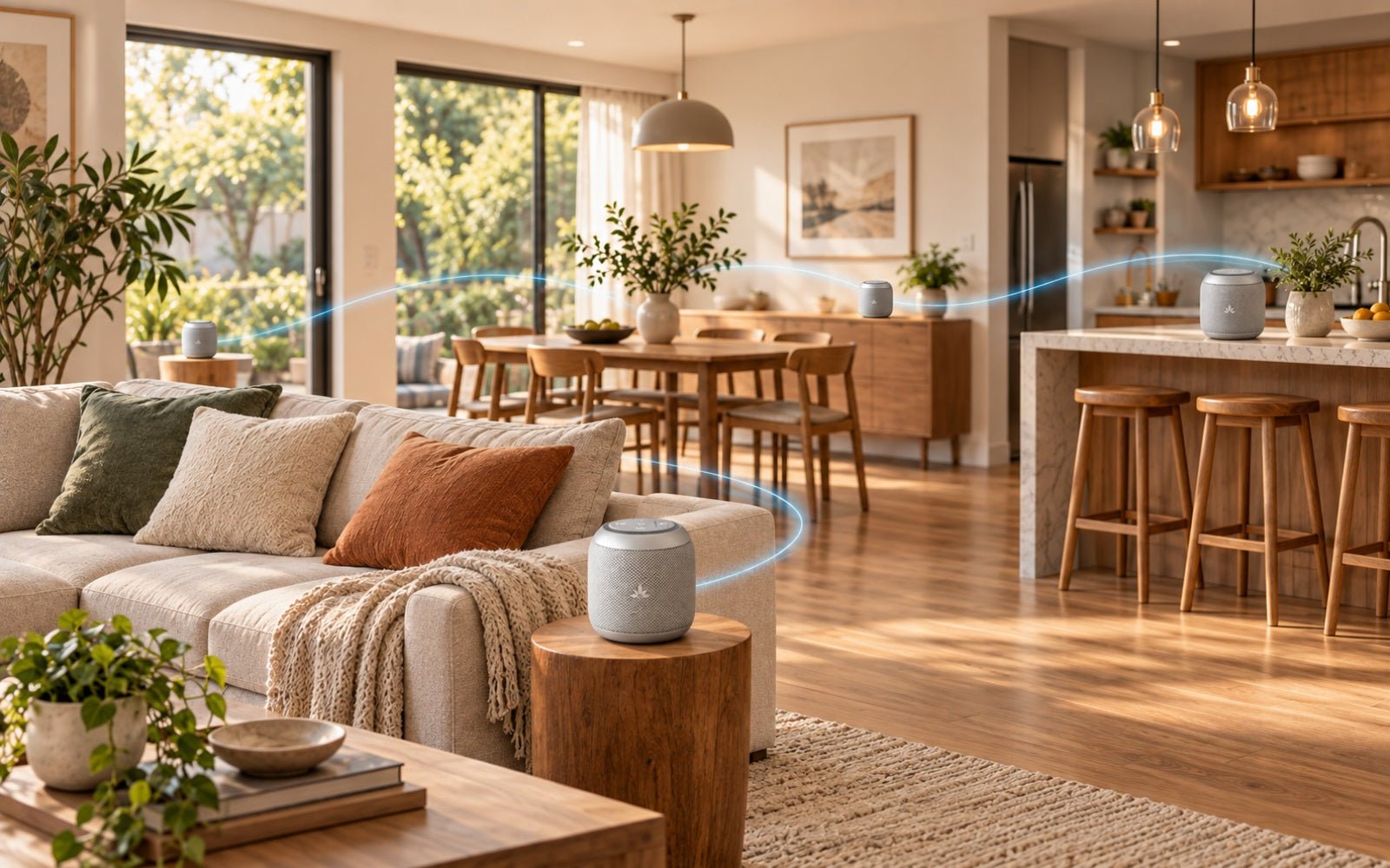 Multiple wireless speakers playing the same audio across an open home