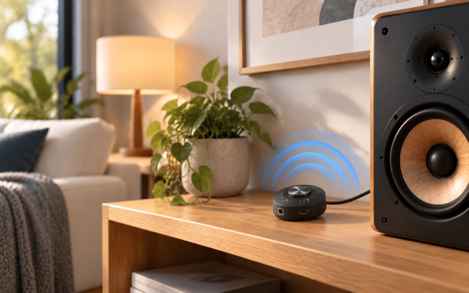 Wireless audio adapter connected to an existing home speaker