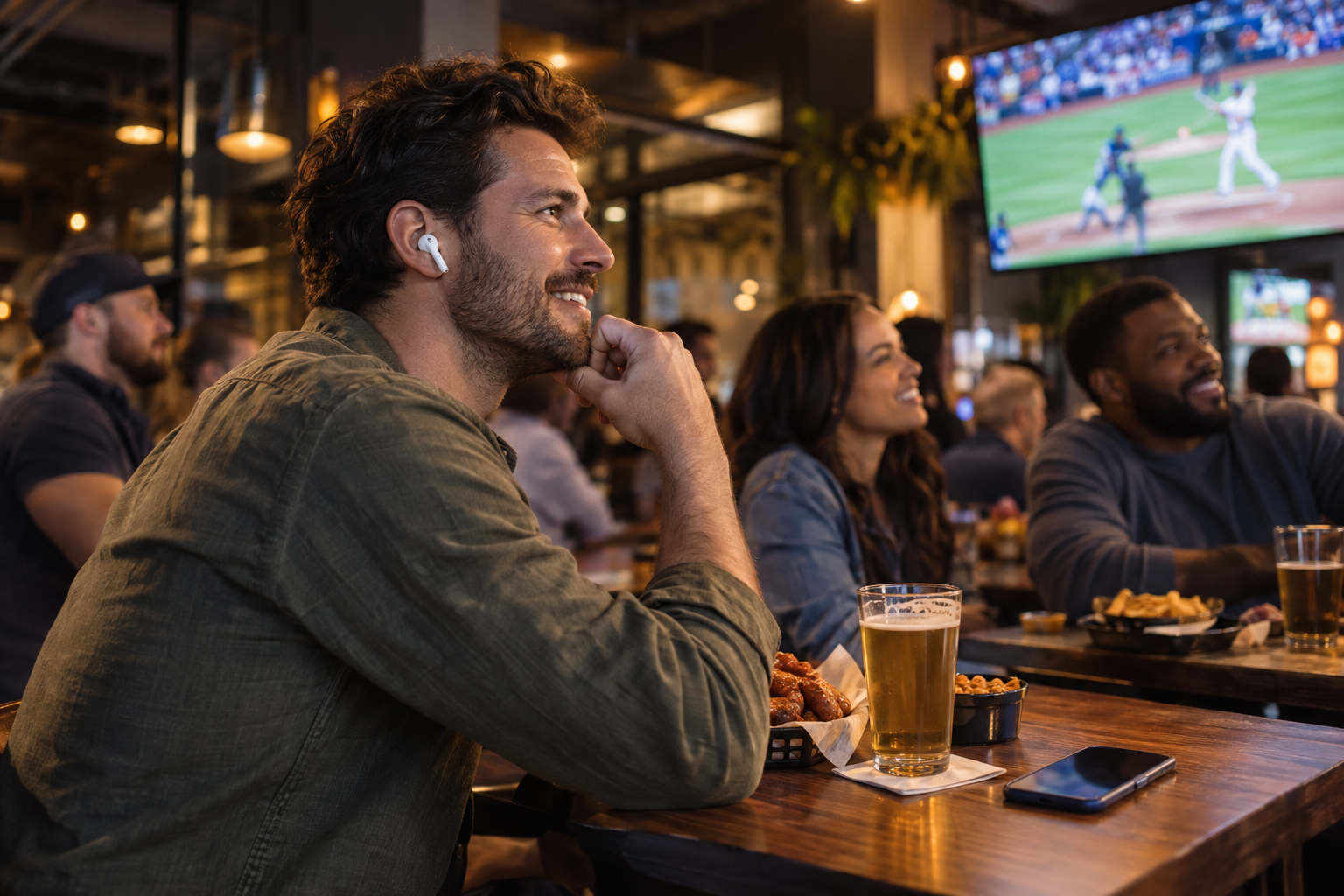 A sports fan in a bar watching a televised game while listening through white wireless earbuds connected to a phone