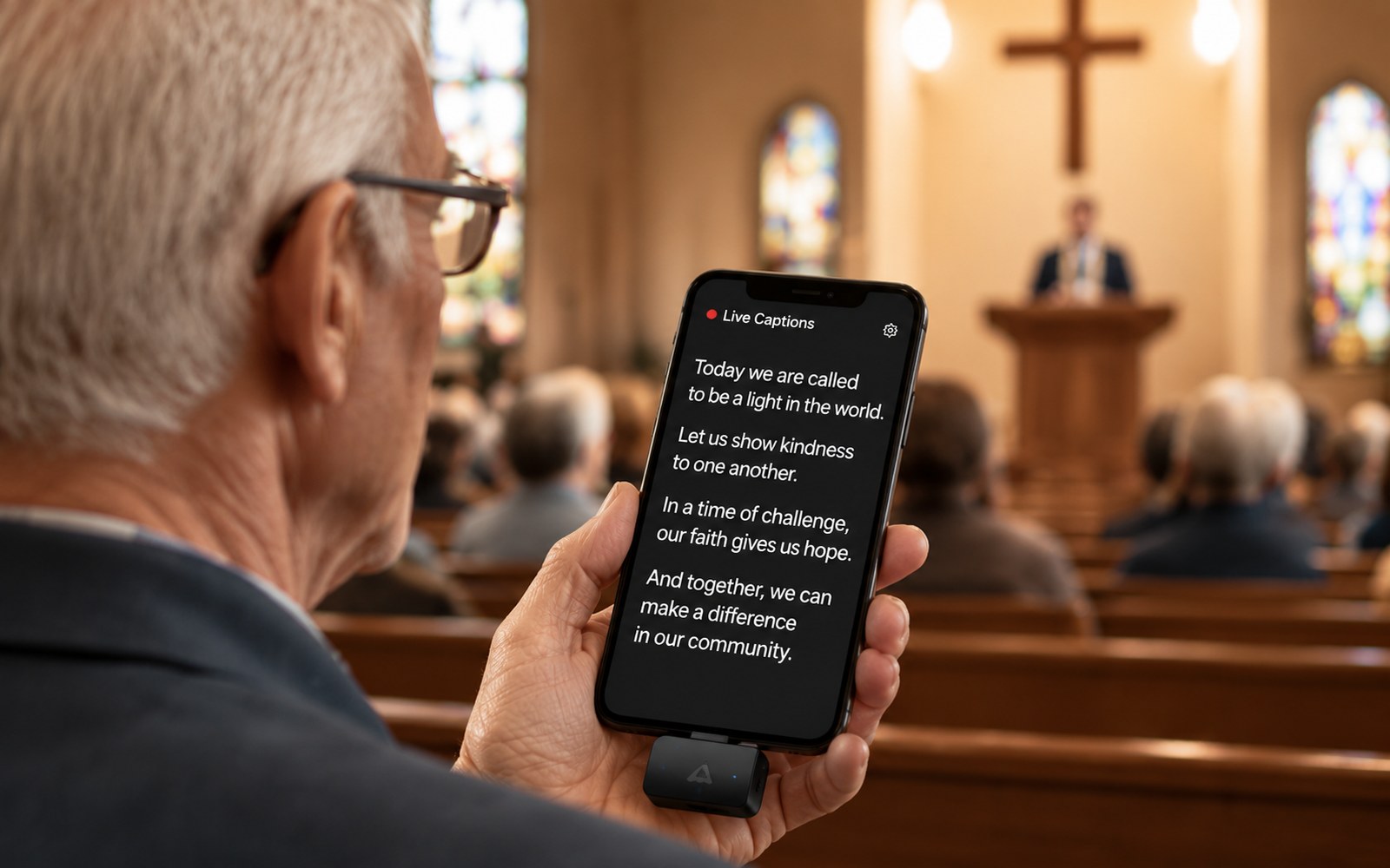 Phone displaying live captions during a public speech