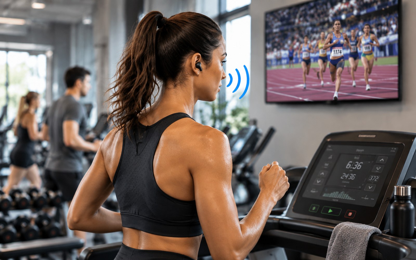 Runner listening to gym TV audio with wireless earbuds