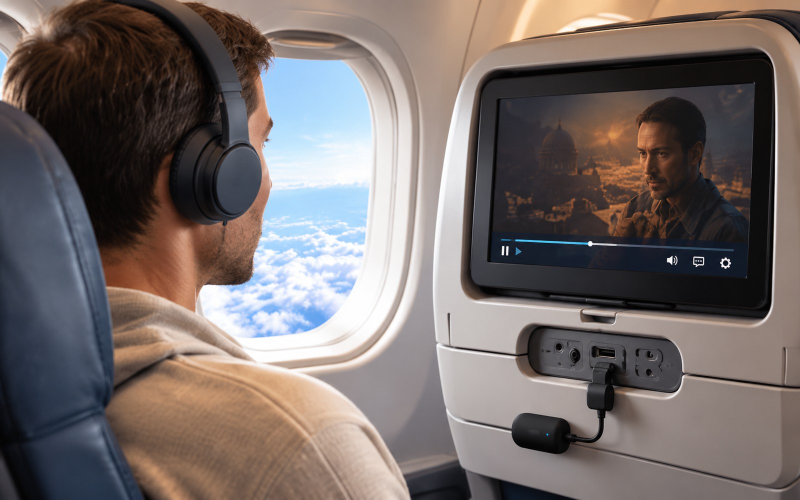 Passenger using wireless headphones with an airplane seatback entertainment screen