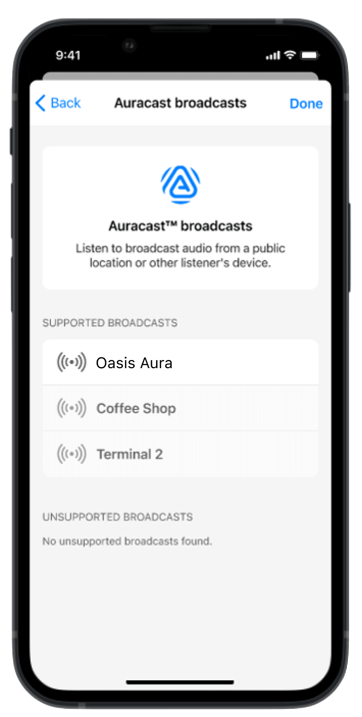 My Starkey broadcast selection screen