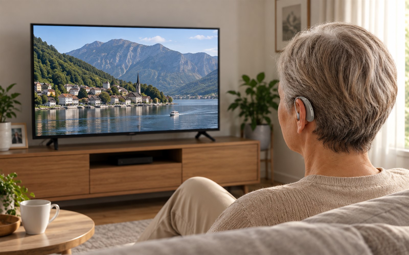 Person using Auracast hearing aids while watching TV