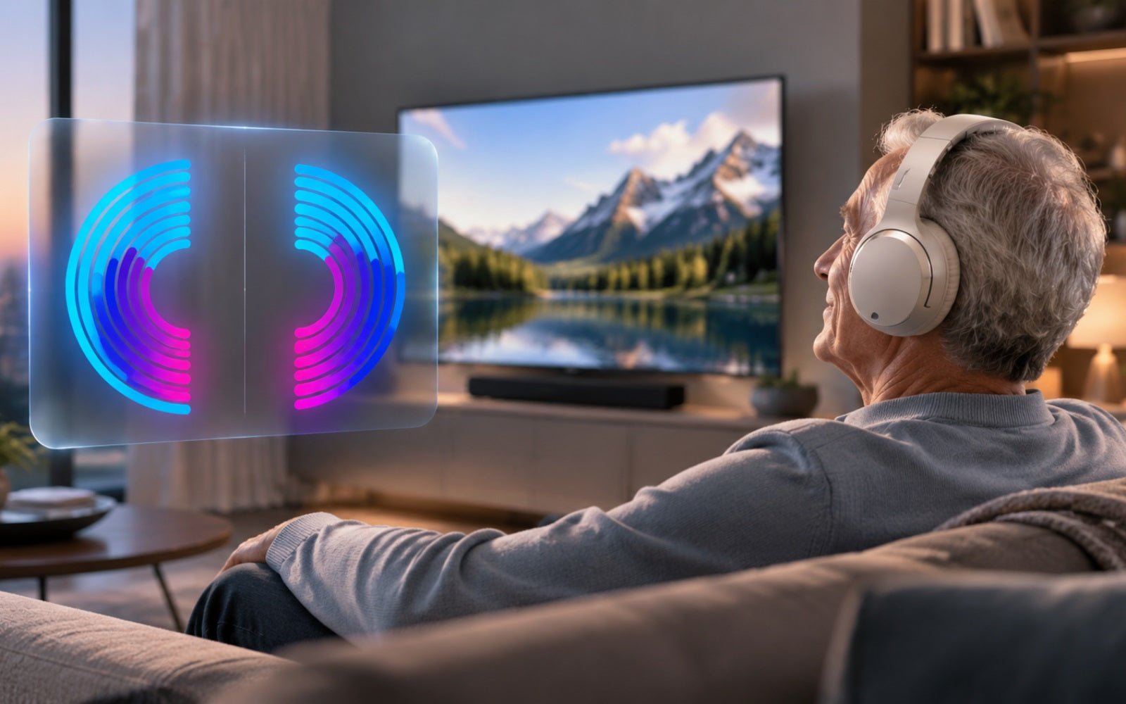 Person wearing TV headphones with personalized sound visualization