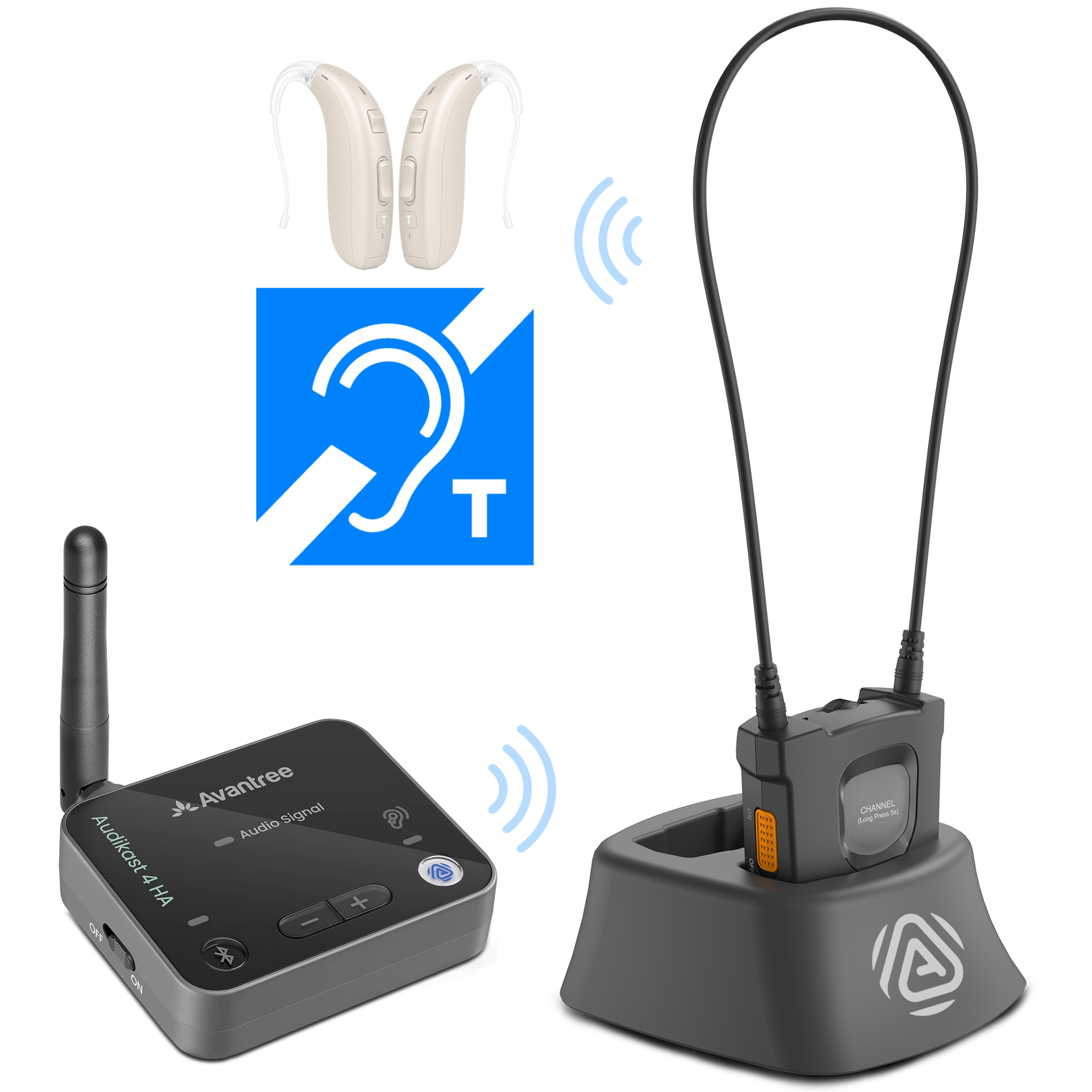 AuraCoil TV bundle with Audikast 4 transmitter and AuraCoil receiver for T-coil hearing aids.