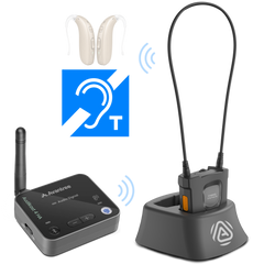 AuraCoil TV bundle with Audikast 4 transmitter and AuraCoil receiver for T-coil hearing aids.