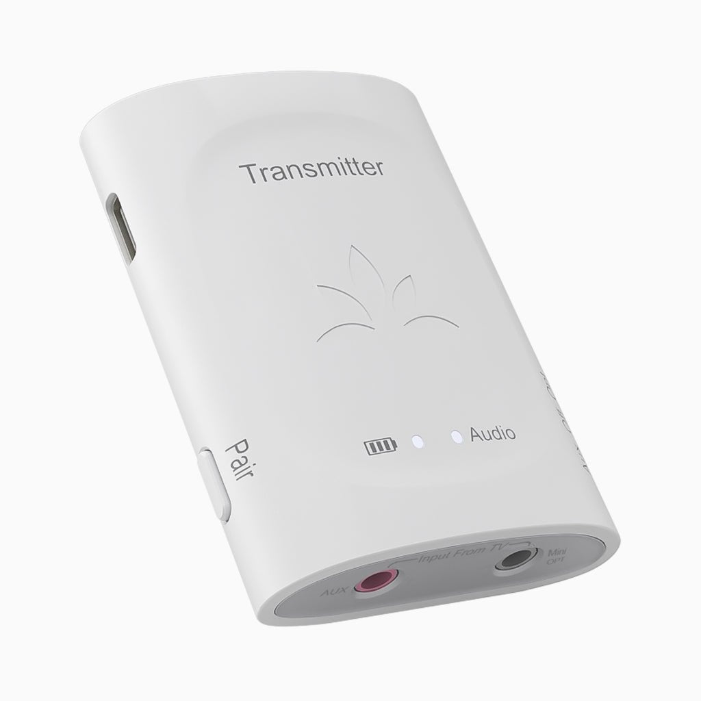 Audiplex 2403S Wireless Transmitter Receiver System, features 3.5mm AUX and optical input, LED indicator, power switch, and independent volume control.