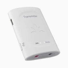 Audiplex 2403S Wireless Transmitter Receiver System, features 3.5mm AUX and optical input, LED indicator, power switch, and independent volume control.