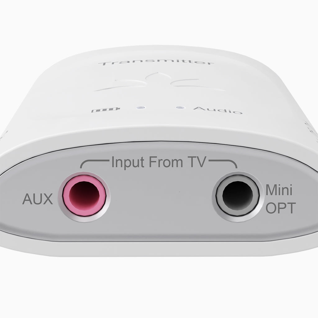 Audiplex 2403S Wireless Transmitter Receiver System, features 3.5mm AUX and optical input, LED indicator, power switch, and independent volume control.