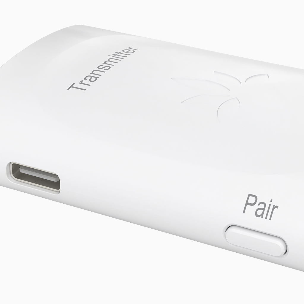 Audiplex 2403S Wireless Transmitter Receiver System, features 3.5mm AUX and optical input, LED indicator, power switch, and independent volume control.