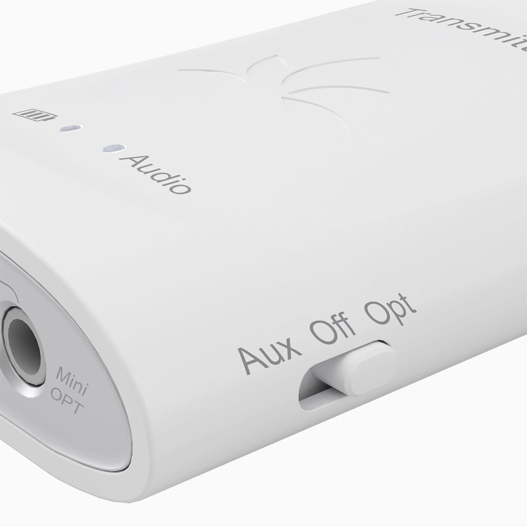 Audiplex 2403S Wireless Transmitter Receiver System, features 3.5mm AUX and optical input, LED indicator, power switch, and independent volume control.