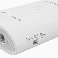 Audiplex 2403S Wireless Transmitter Receiver System, features 3.5mm AUX and optical input, LED indicator, power switch, and independent volume control.