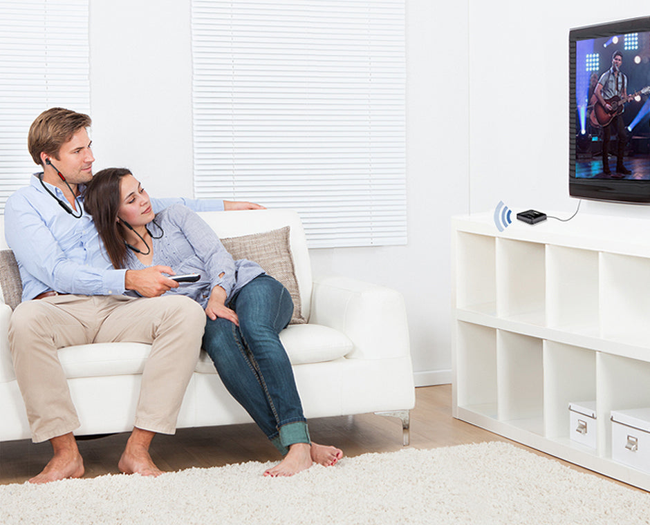 HT41866 Wireless Earbuds for TV watching with no audio delay and support for two headphones simultaneously.