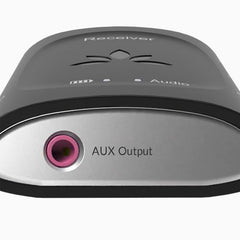 Audiplex 2403S Wireless Transmitter Receiver System, features 3.5mm AUX output, LED indicator, power switch, and independent volume control.