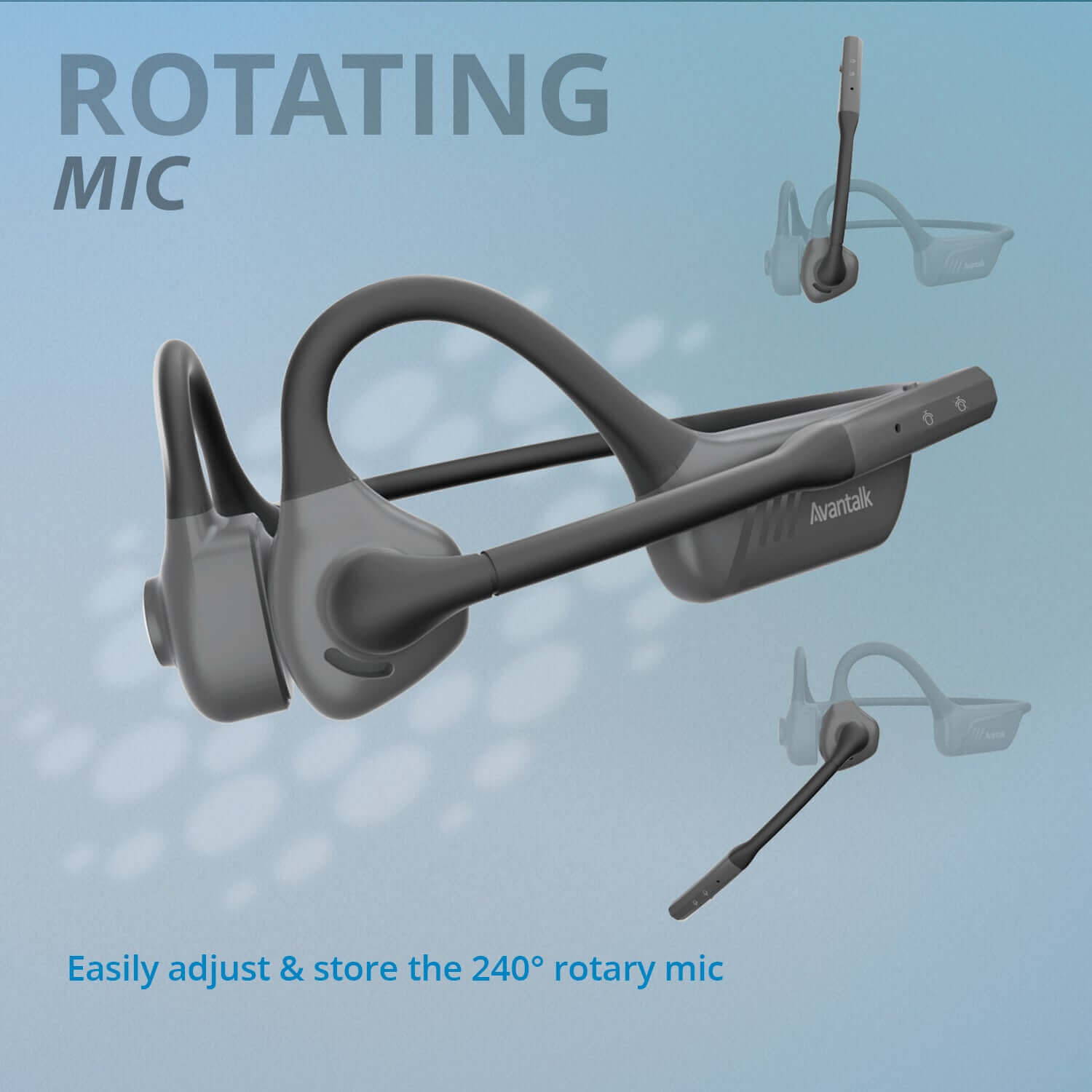Lingo Open-Ear Bluetooth Headphones with boom mic and 250° rotating adjustable microphone.