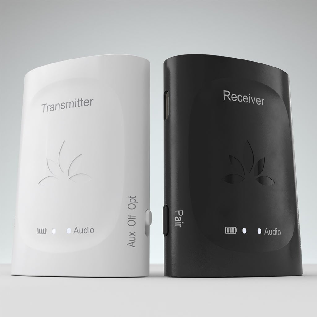 Audiplex 2403S Wireless Transmitter Receiver System, supports 3.5mm headphones with LED indicator, pairing, and  on/off switch