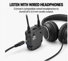 Compatible wired headphones connected to AuraCoil's 3.5 mm audio output.