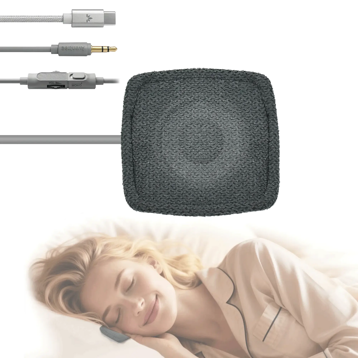 Slumber Mini Ultra-Thin Wired Pillow Speaker for Sleeping, USB-C and AUX compatible with phones and tablets, fully wired with no batteries