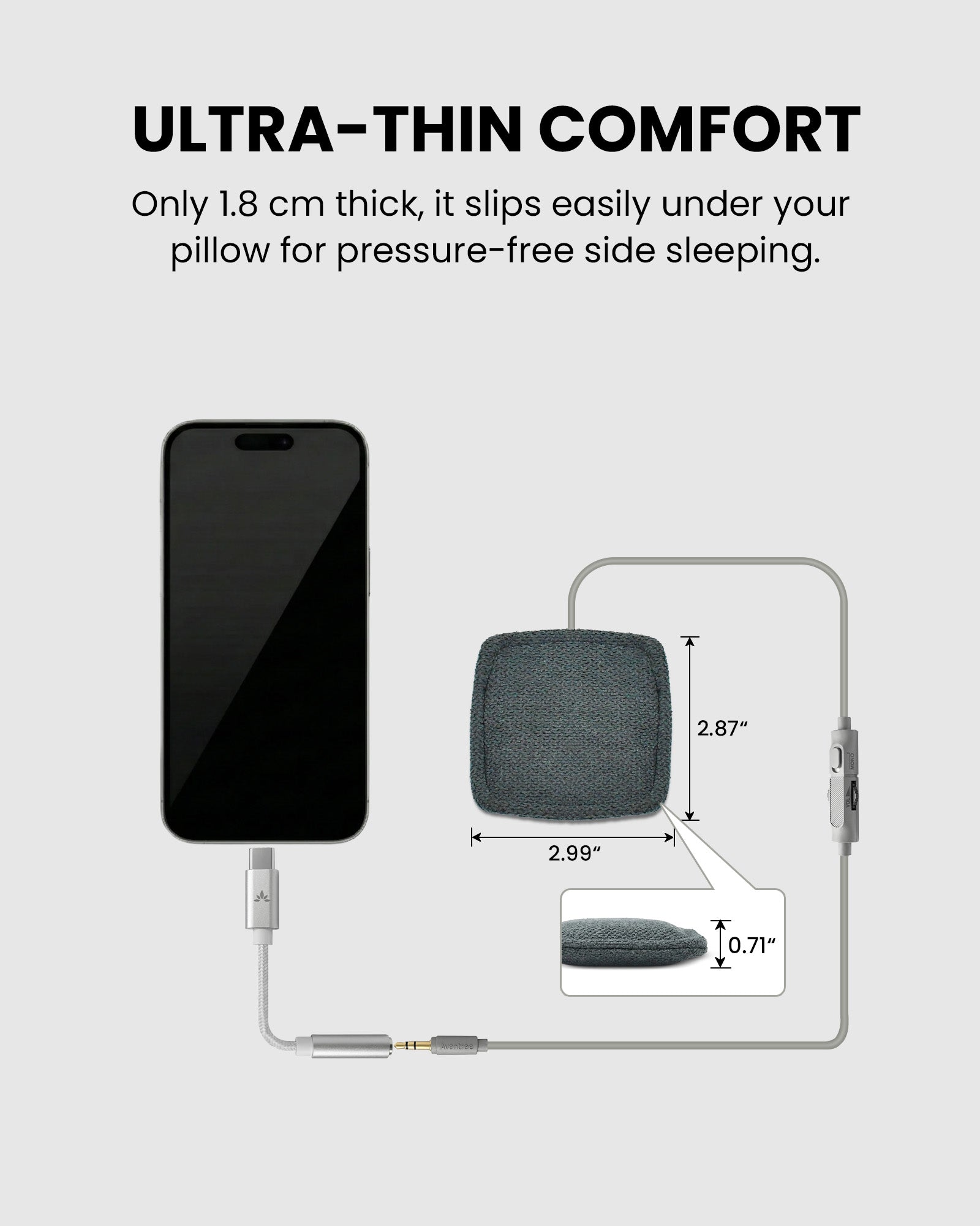 Slumber Mini Ultra-Thin Wired Pillow Speaker for Sleeping, USB-C and AUX, only 1.8 cm thick, slips under pillow for pressure-free side sleeping all night.