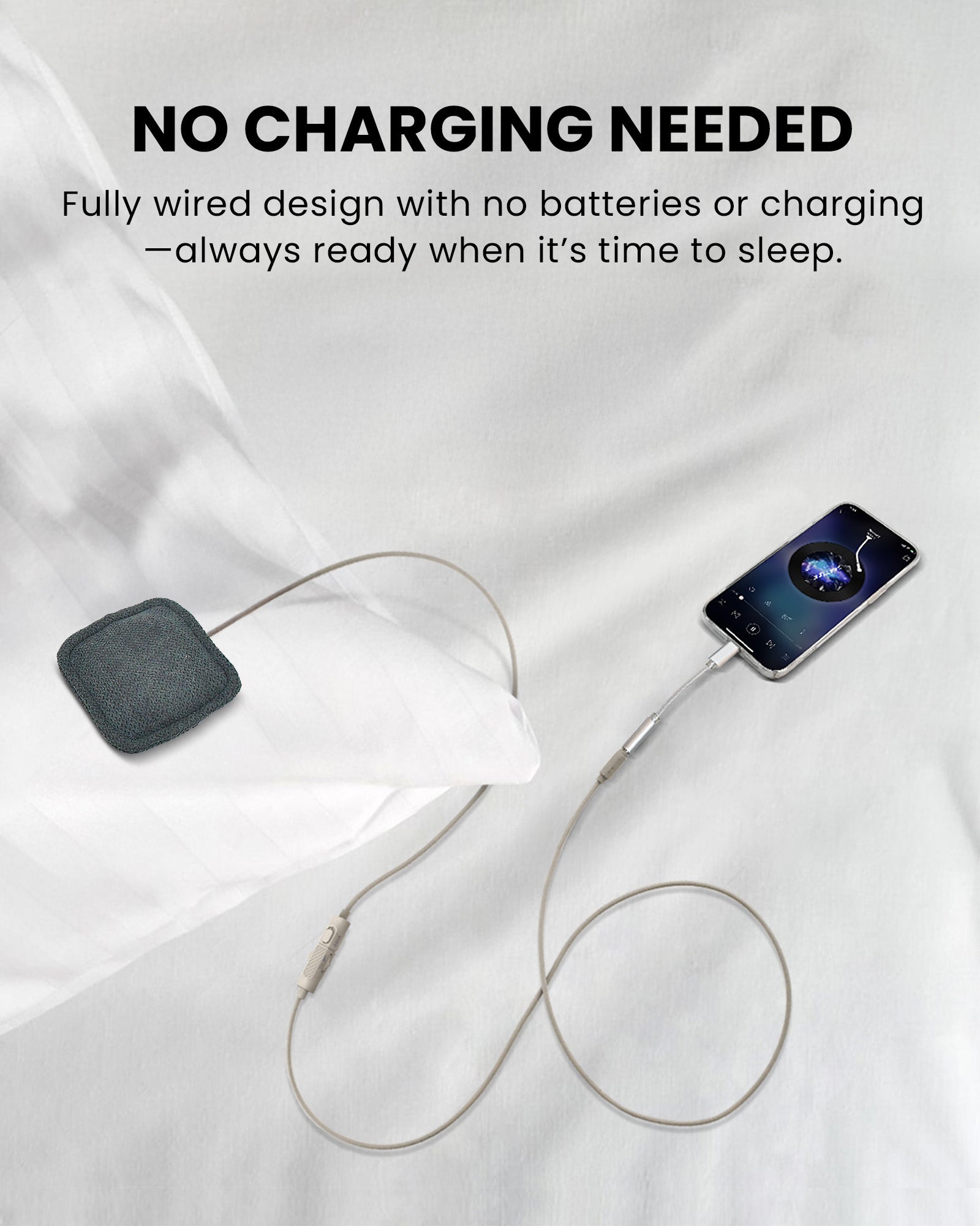 Slumber Mini Ultra-Thin Wired Pillow Speaker for Sleeping, USB-C and AUX, fully wired with no batteries, and no charging