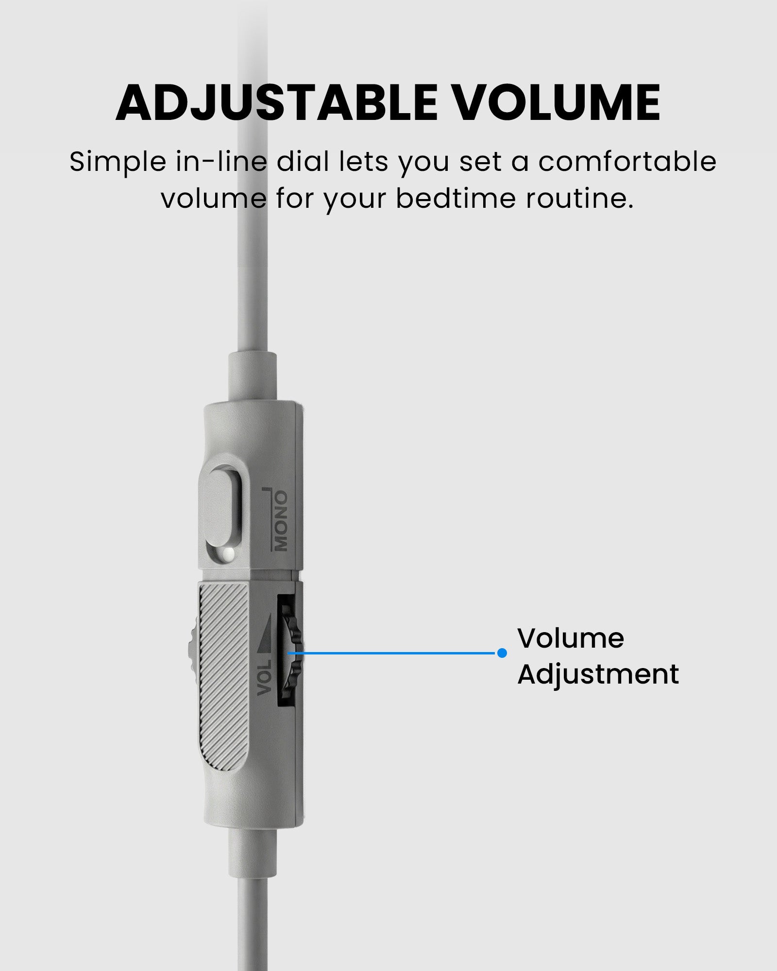 Slumber Mini Ultra-Thin Wired Pillow Speaker for Sleeping, USB-C and AUX, featuring volume control for adjustable audio comfort.