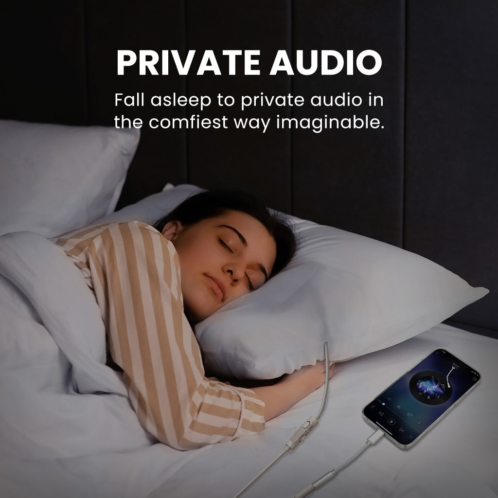 Slumber B Wired Pillow Speaker for Sleeping featuring soft audio playback of white noise, audiobooks, or music from phone for undisturbed sleep