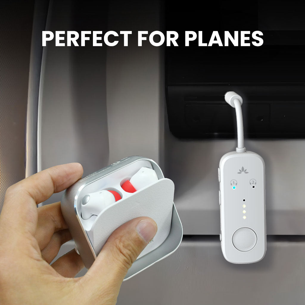 Sky Infinity NC Noise-Canceling Earbuds & Adapter ideal for flights and everyday listening. 
