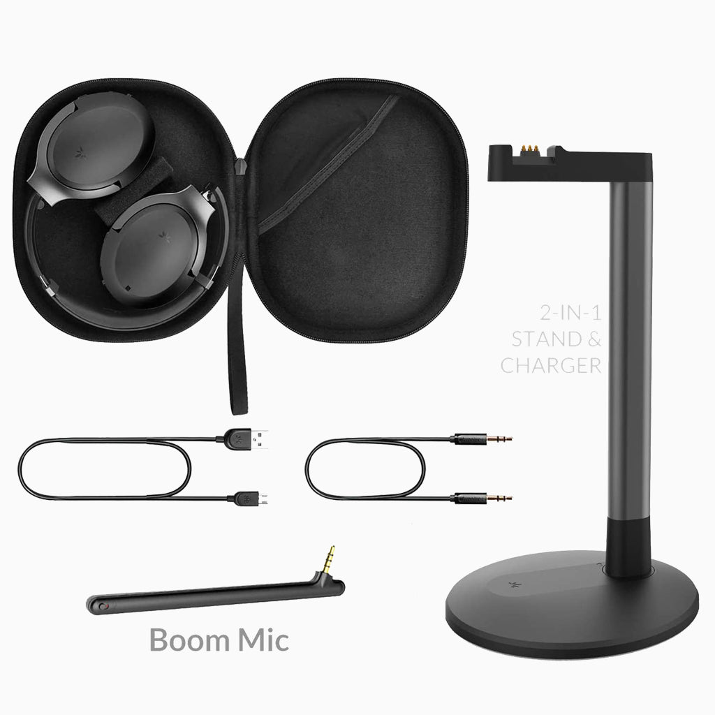 Aria Me Bluetooth Headphones for Hearing Impaired. Imclude headphones, charging stand, detachable boom mic, and carrying case, and charging cable