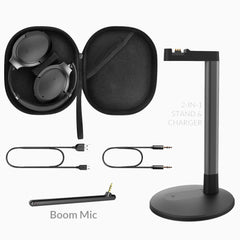 Aria Me Bluetooth Headphones for Hearing Impaired. Imclude headphones, charging stand, detachable boom mic, and carrying case, and charging cable
