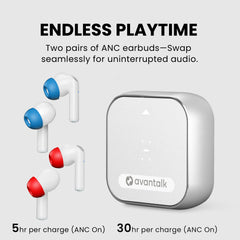 Sky Infinity NC Noise-Canceling Earbuds & Adapter for Flight Travel, two ANC earbuds with 5-hour playback and 30-hour charging case.