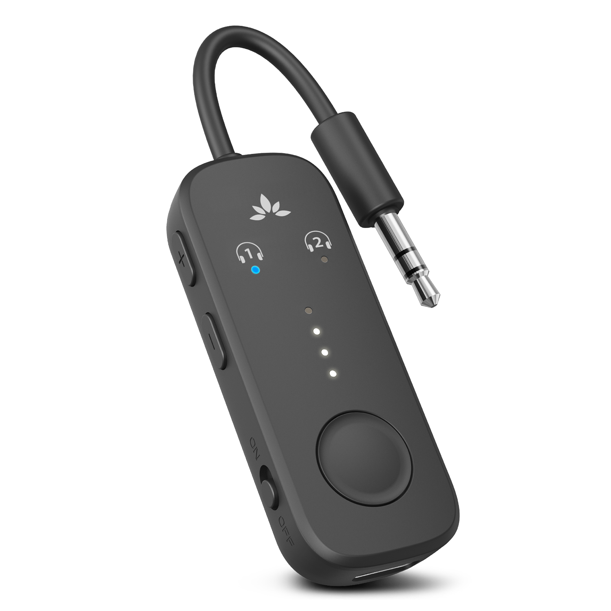 Relay Bluetooth Adapter for Airplanes, connects to airplane seatback screens via 3.5mm AUX and streams audio to Bluetooth headphones.