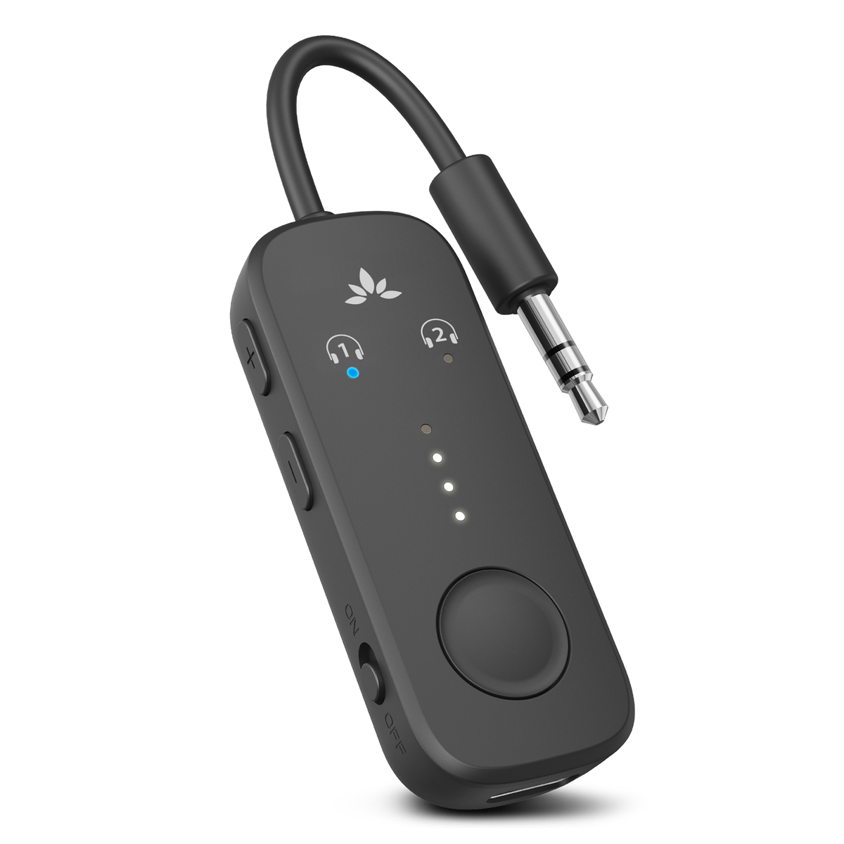 Relay Bluetooth Adapter for Airplanes, connects to airplane seatback screens via 3.5mm AUX and streams audio to Bluetooth headphones.