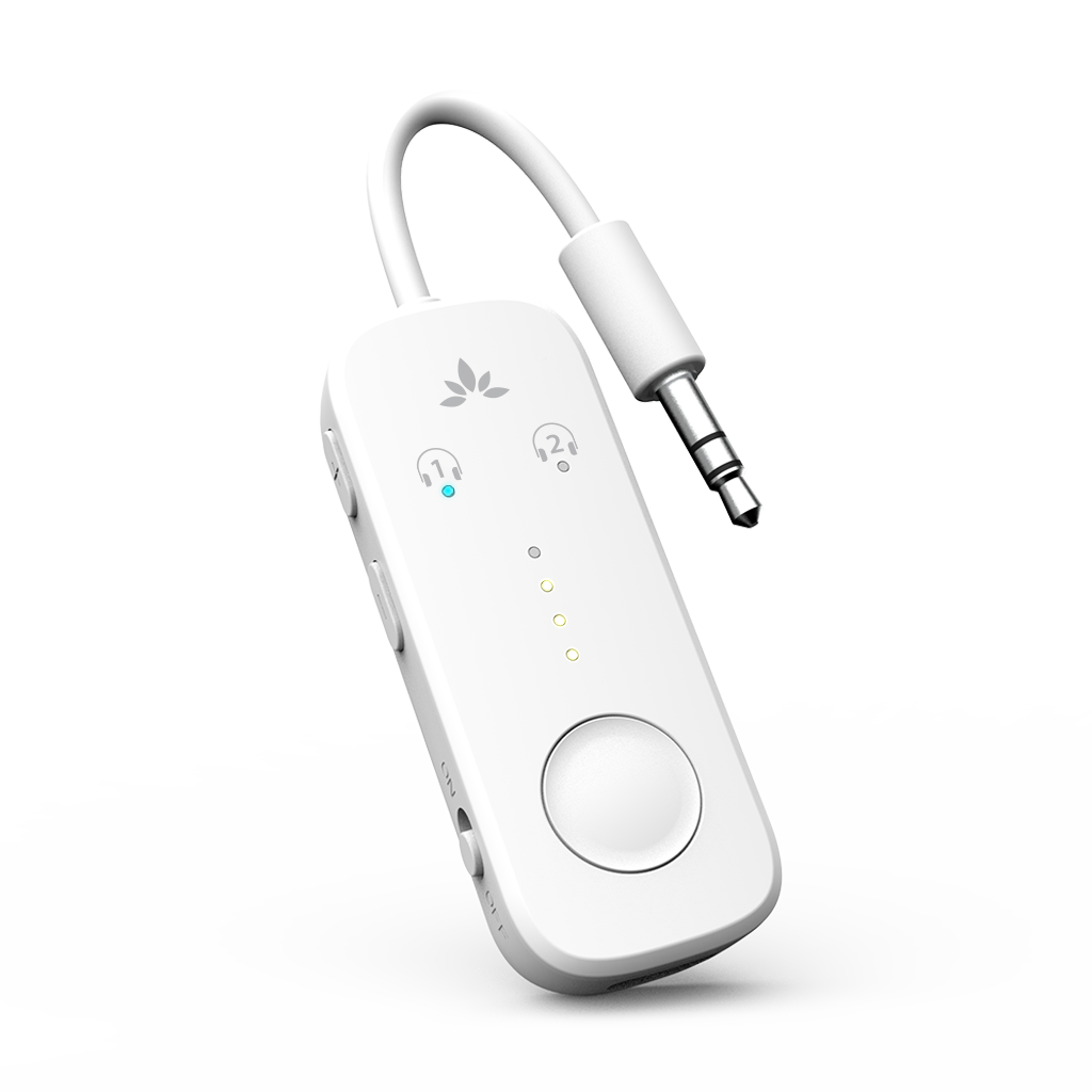 Relay Bluetooth Adapter for Airplanes, connects to airplane seatback screens via 3.5mm AUX and streams audio to Bluetooth headphones.