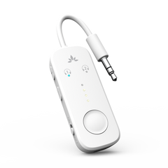 Relay Bluetooth Adapter for Airplanes, connects to airplane seatback screens via 3.5mm AUX and streams audio to Bluetooth headphones.