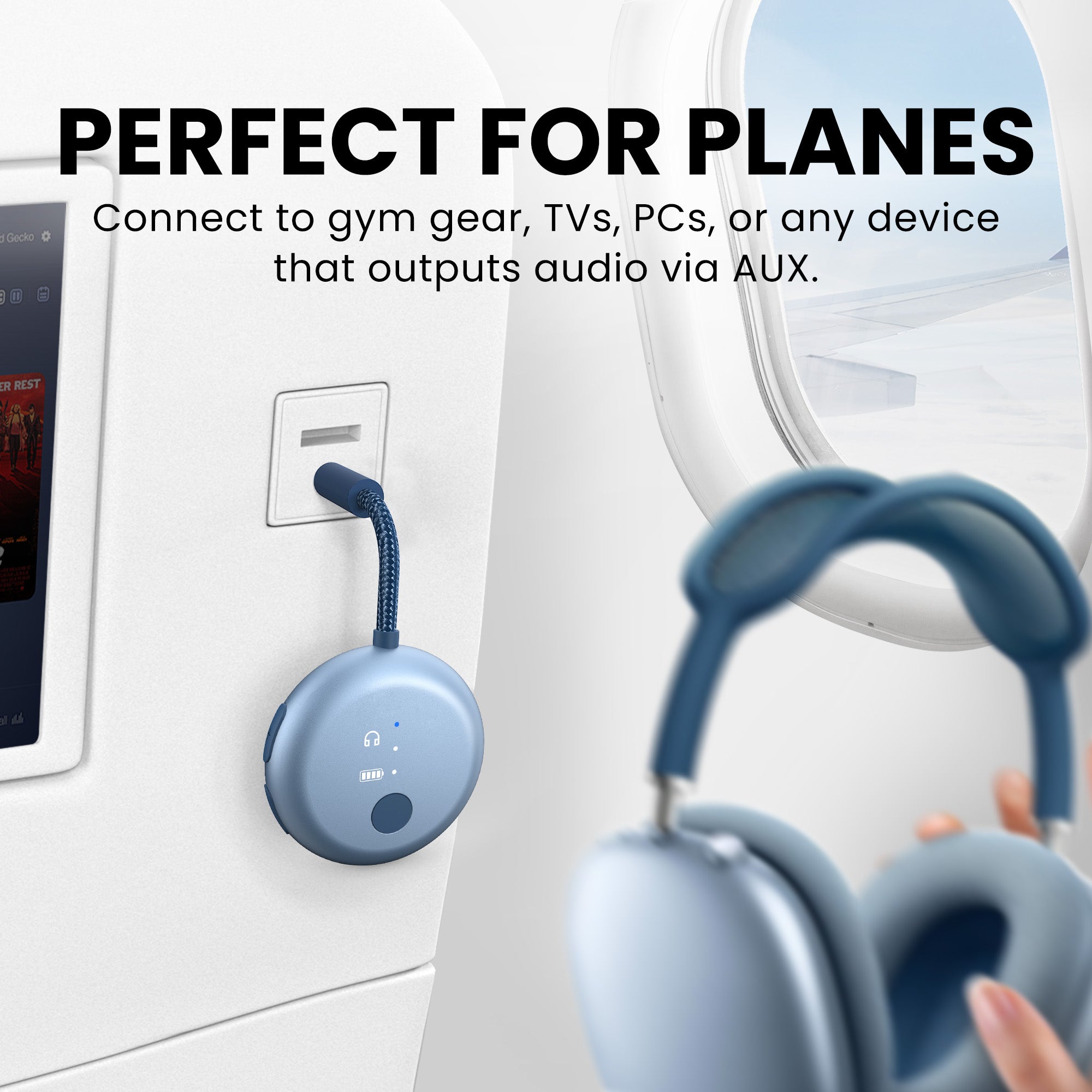 SoundJet R1 Airplane Bluetooth Adapter for Headphones and AirPods, connects to gym equipment, TVs, PCs, and any device with AUX audio output.