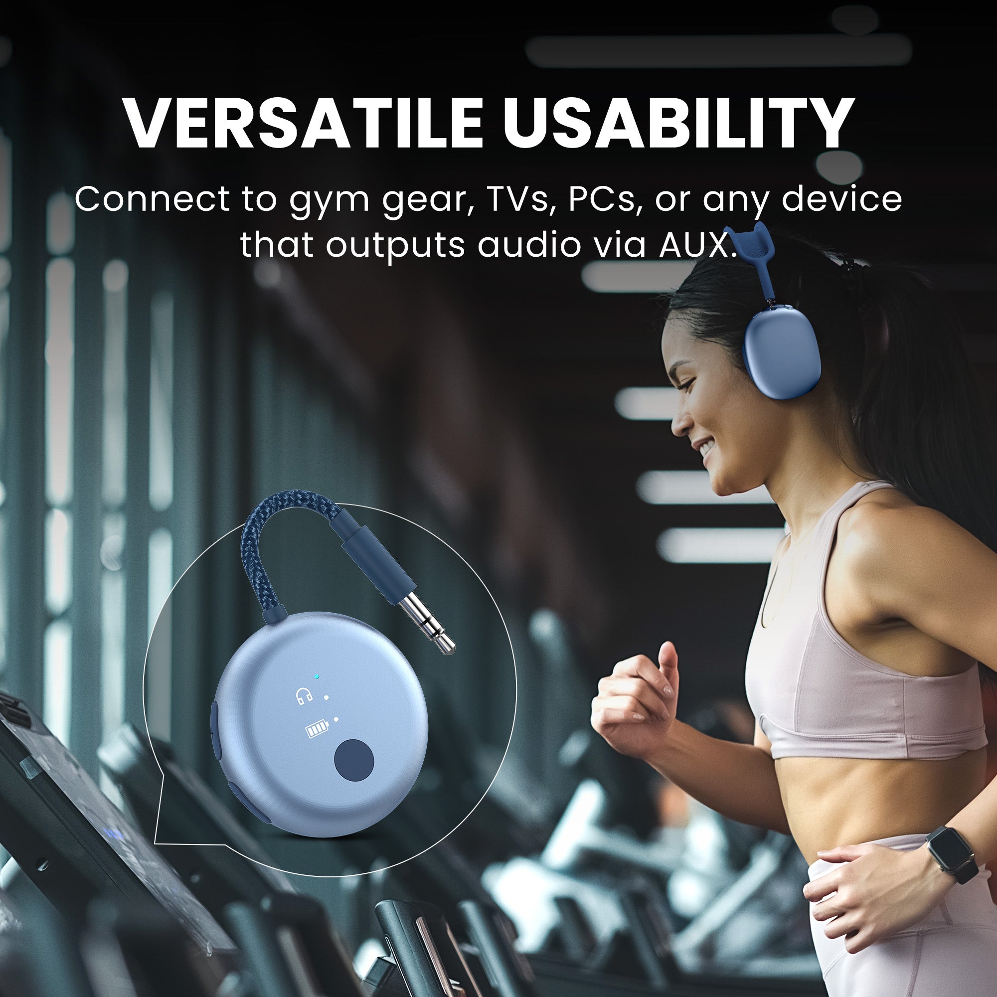 SoundJet R1 Airplane Bluetooth Adapter for Headphones and AirPods, connects to gym equipment, TVs, PCs, and any device with AUX audio output.