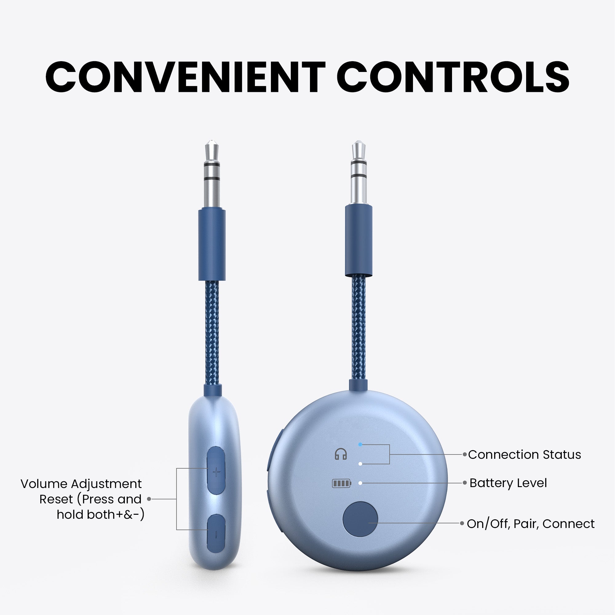 SoundJet R1 Airplane Bluetooth Adapter for Headphones and AirPods, convenient controls with independent volume, LED indicators, and on/off/pairing buttons.