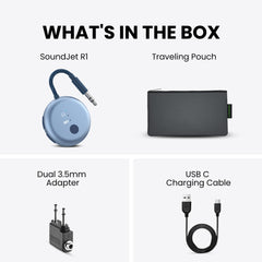 SoundJet R1 Airplane Bluetooth Adapter for Headphones and AirPods, include 1 relay transmitter, Dual 3.5mm adapter, USB-C cable, traveling pouch