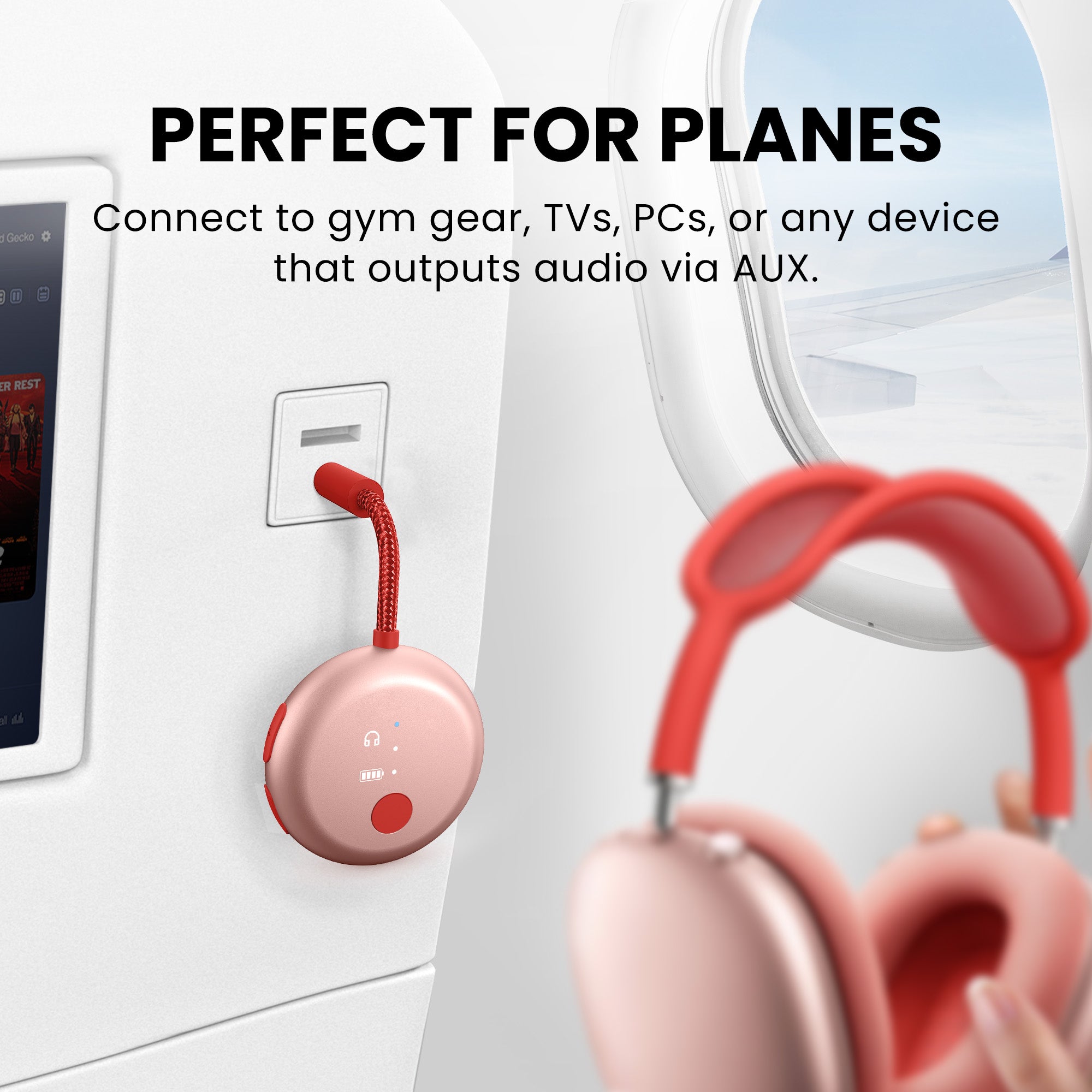 SoundJet R1 Airplane Bluetooth Adapter for Headphones and AirPods, connects to gym equipment, TVs, PCs, and any device with AUX audio output.