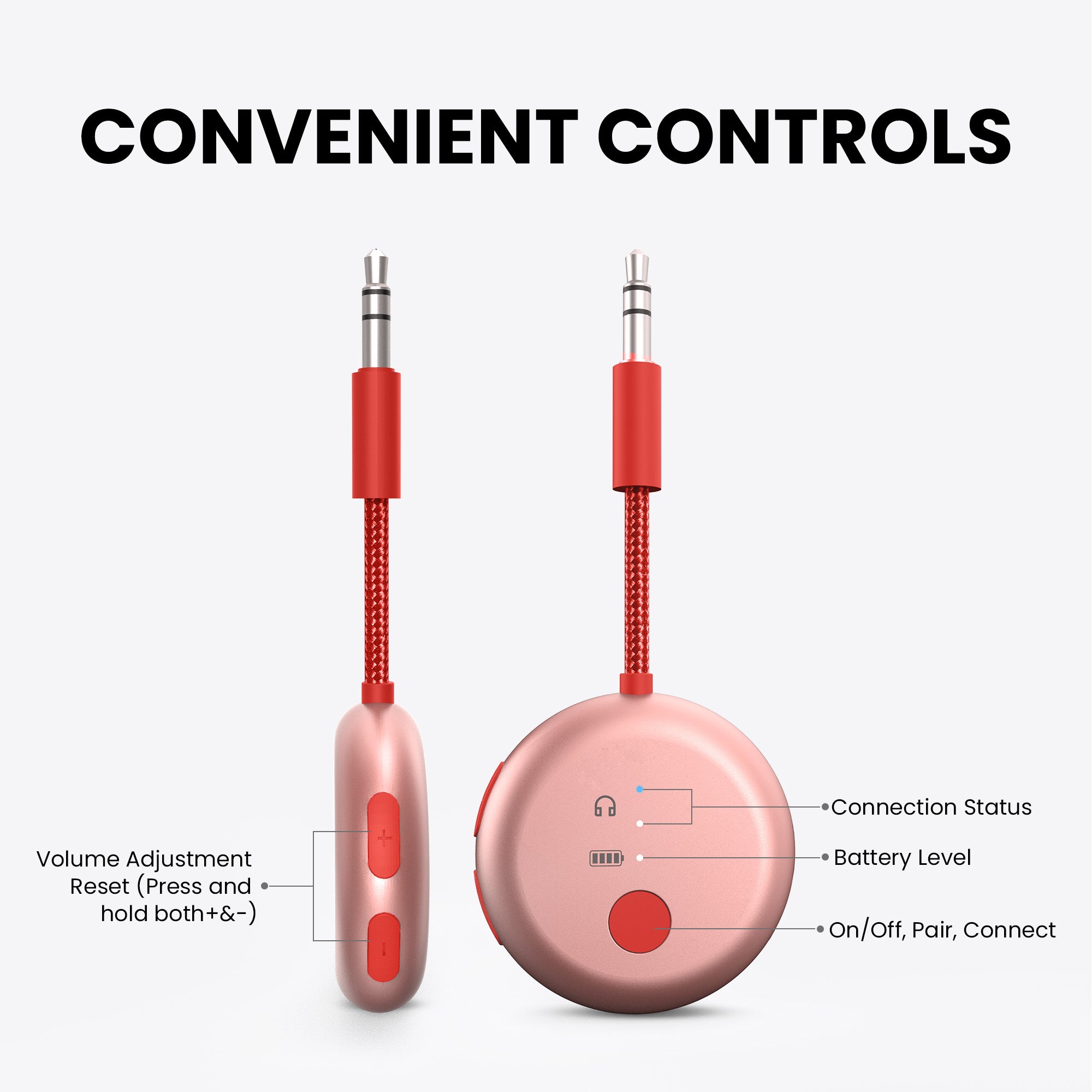 SoundJet R1 Airplane Bluetooth Adapter for Headphones and AirPods, convenient controls with independent volume, LED indicators, and on/off/pairing buttons.