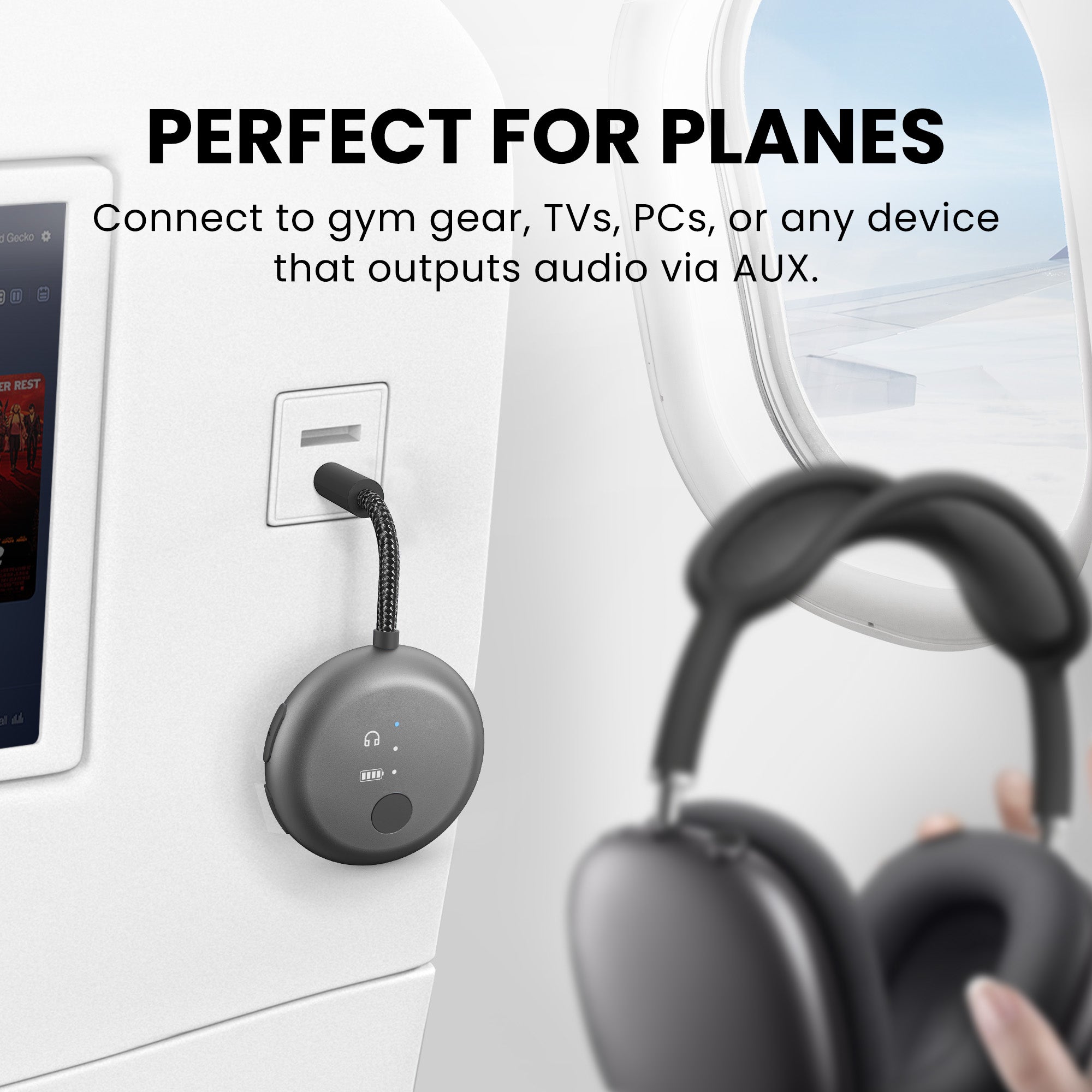 SoundJet R1 Airplane Bluetooth Adapter for Headphones and AirPods, connects to gym equipment, TVs, PCs, and any device with AUX audio output.