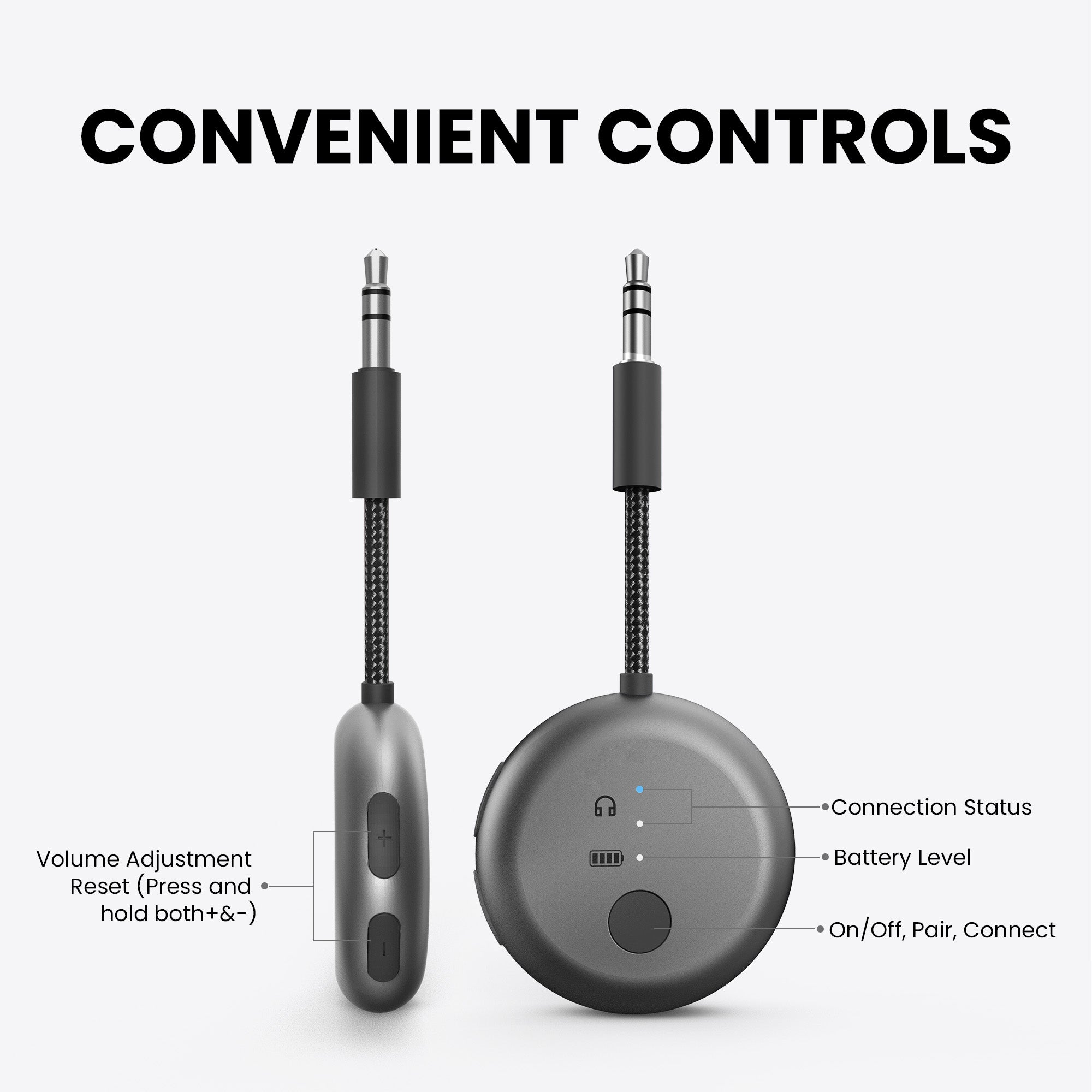 SoundJet R1 Airplane Bluetooth Adapter for Headphones and AirPods, convenient controls with independent volume, LED indicators, and on/off/pairing buttons.